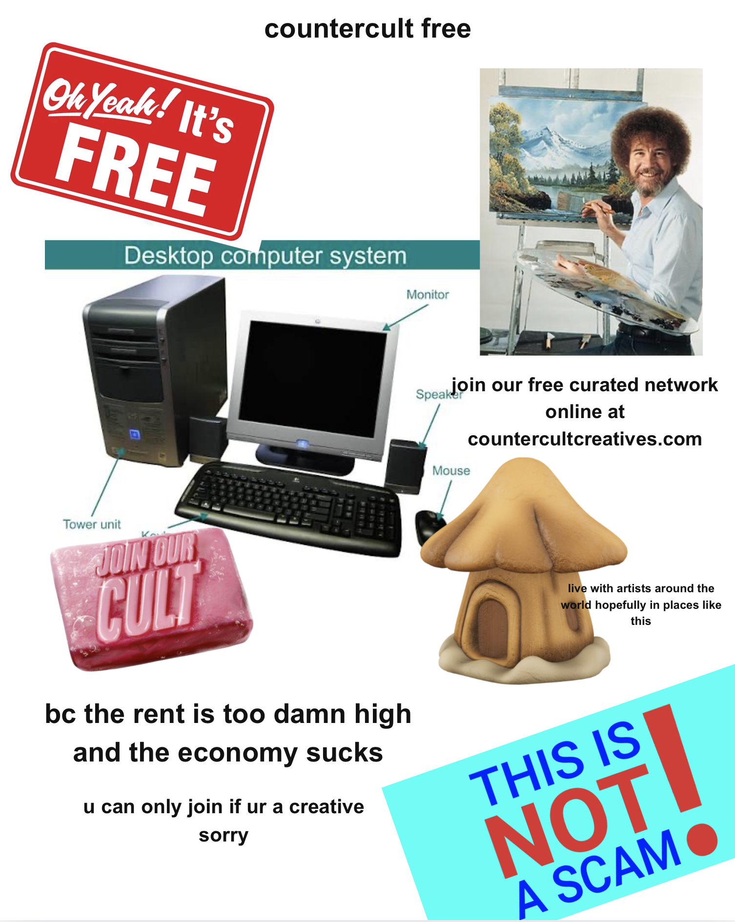 Countercult free graphic with a retro computer, Bob Ross, free sign, and the message to join the free curated network at countercult.network