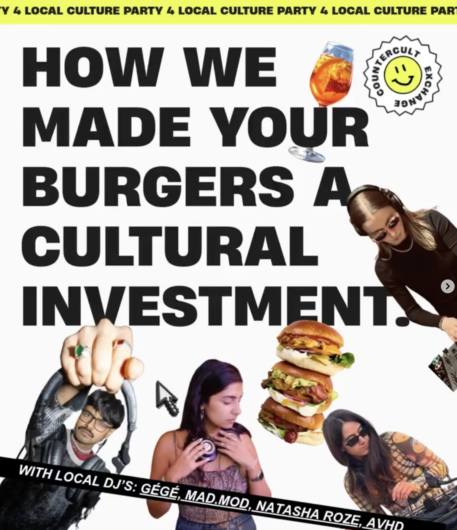Party, Burgers, and Cultural Investment event graphic for Martha’s Burgers