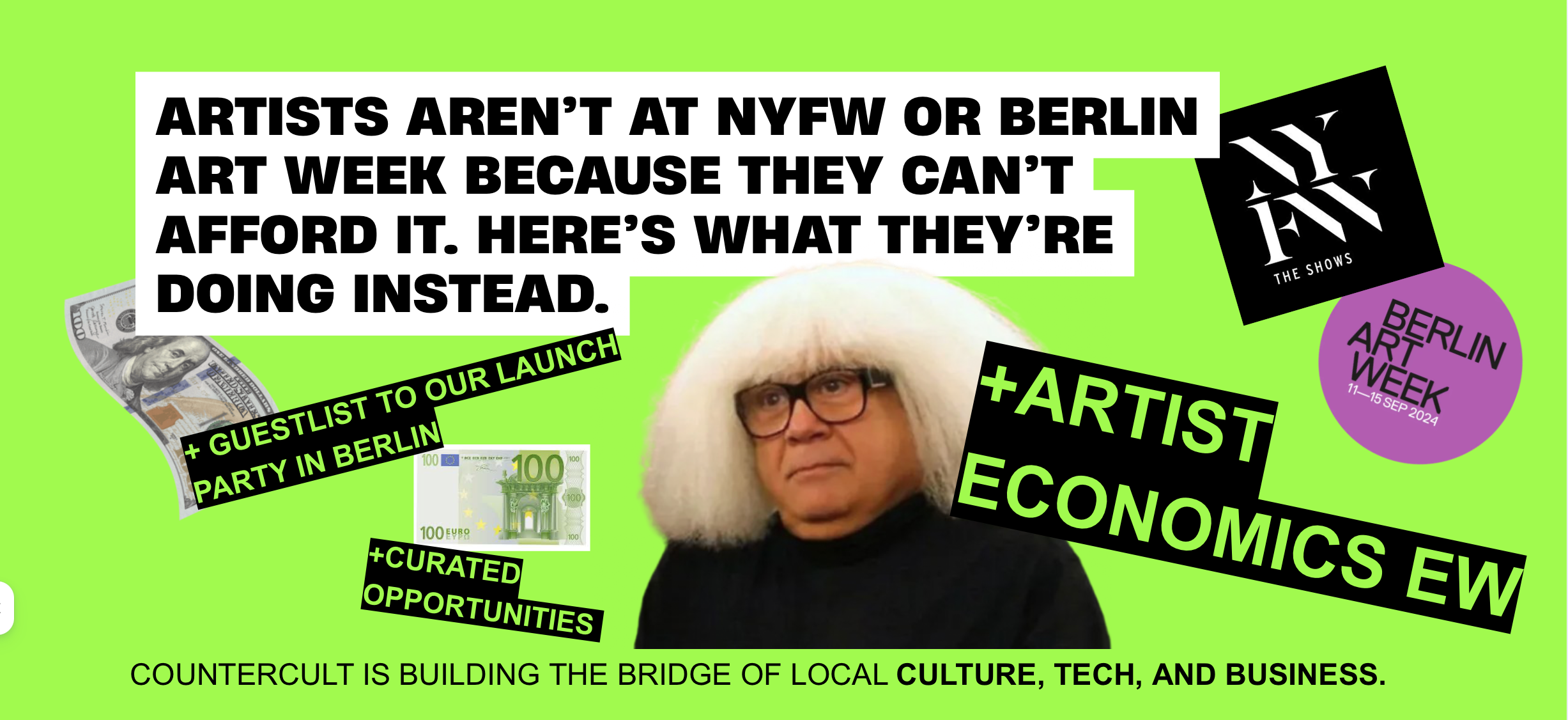 Graphic about artists being priced out of NYFW and Berlin Art Week, featuring alternative artist networks and opportunities.