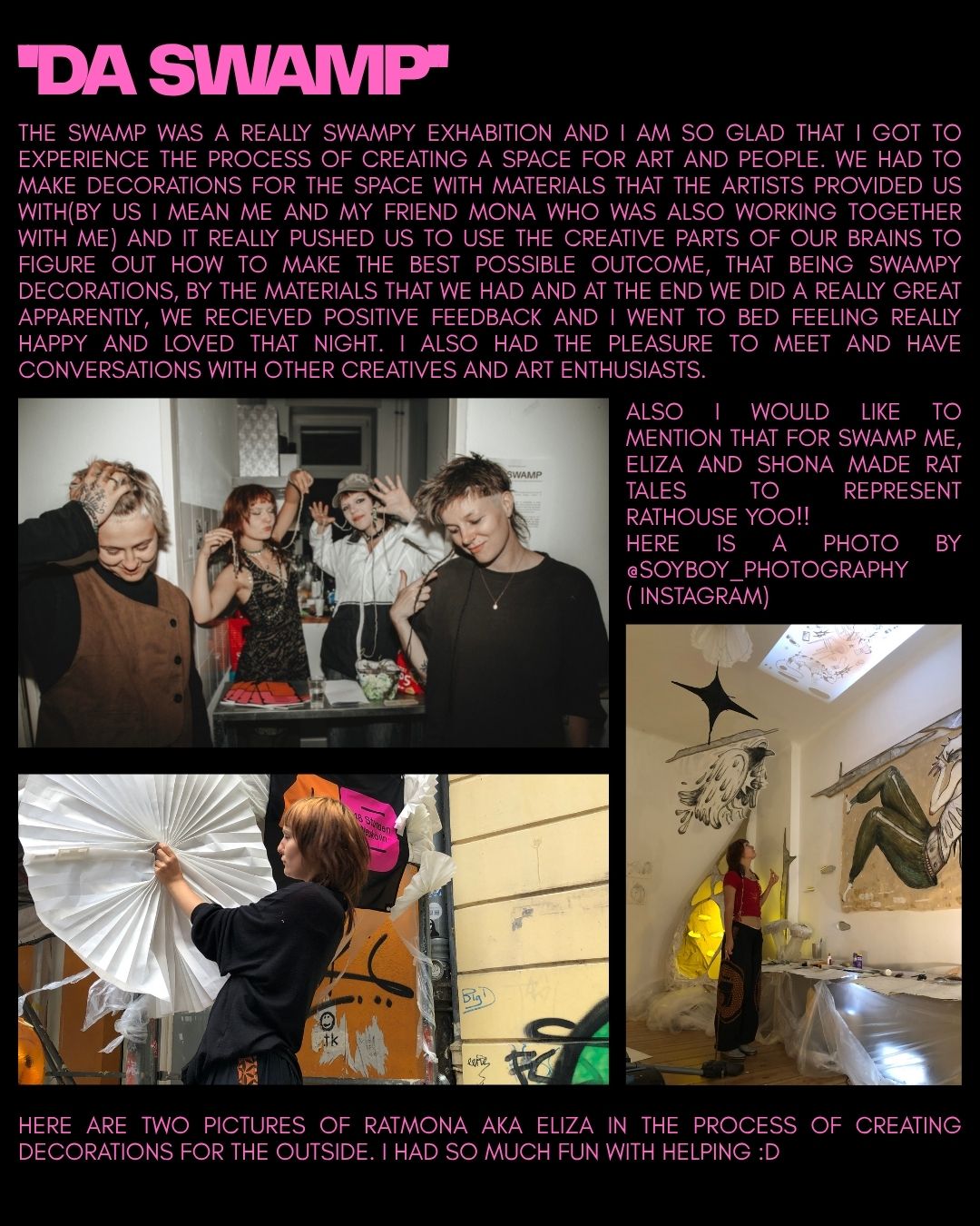 Pink Spy's Da Swamp page showing the exhibition and decorations