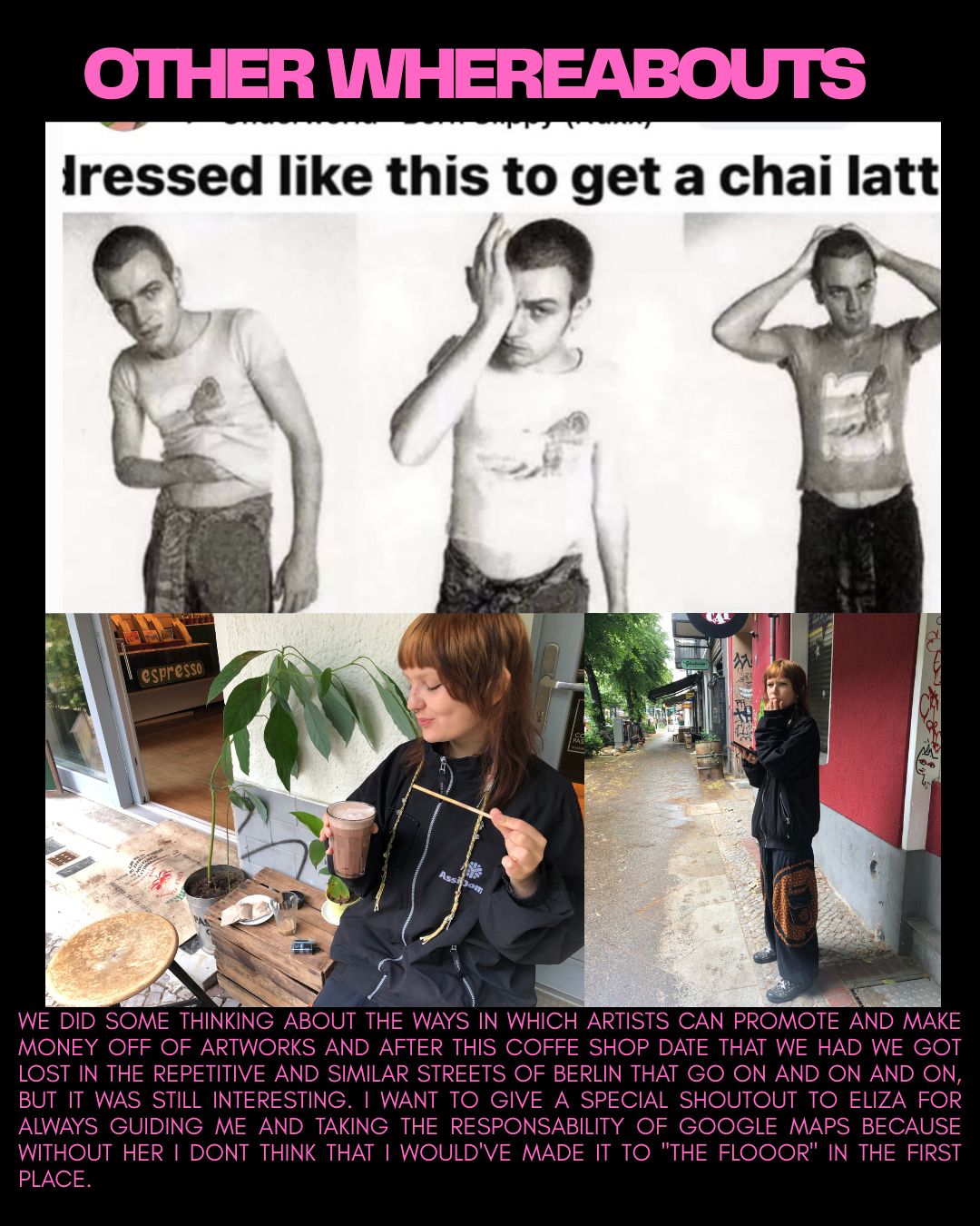 Pink Spy's Other Whereabouts page showing Berlin streets, coffee, and the artist