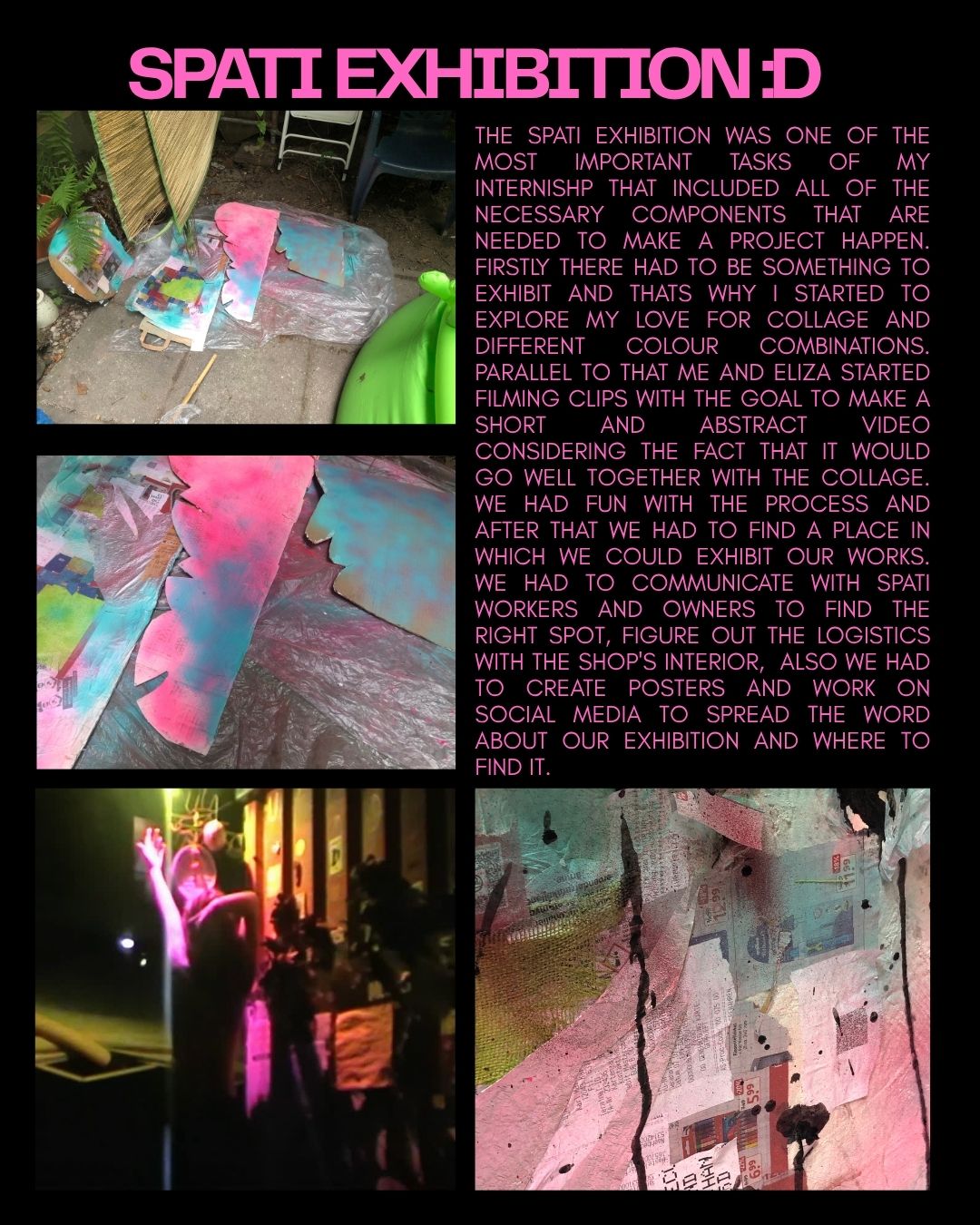 Pink Spy's Spati Exhibition page showing painted collage materials and the exhibition