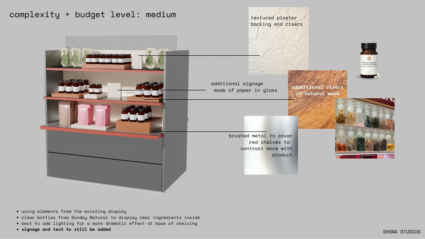 Berlin KaDeWe Sunday Natural display options with textured backing, risers and staged products