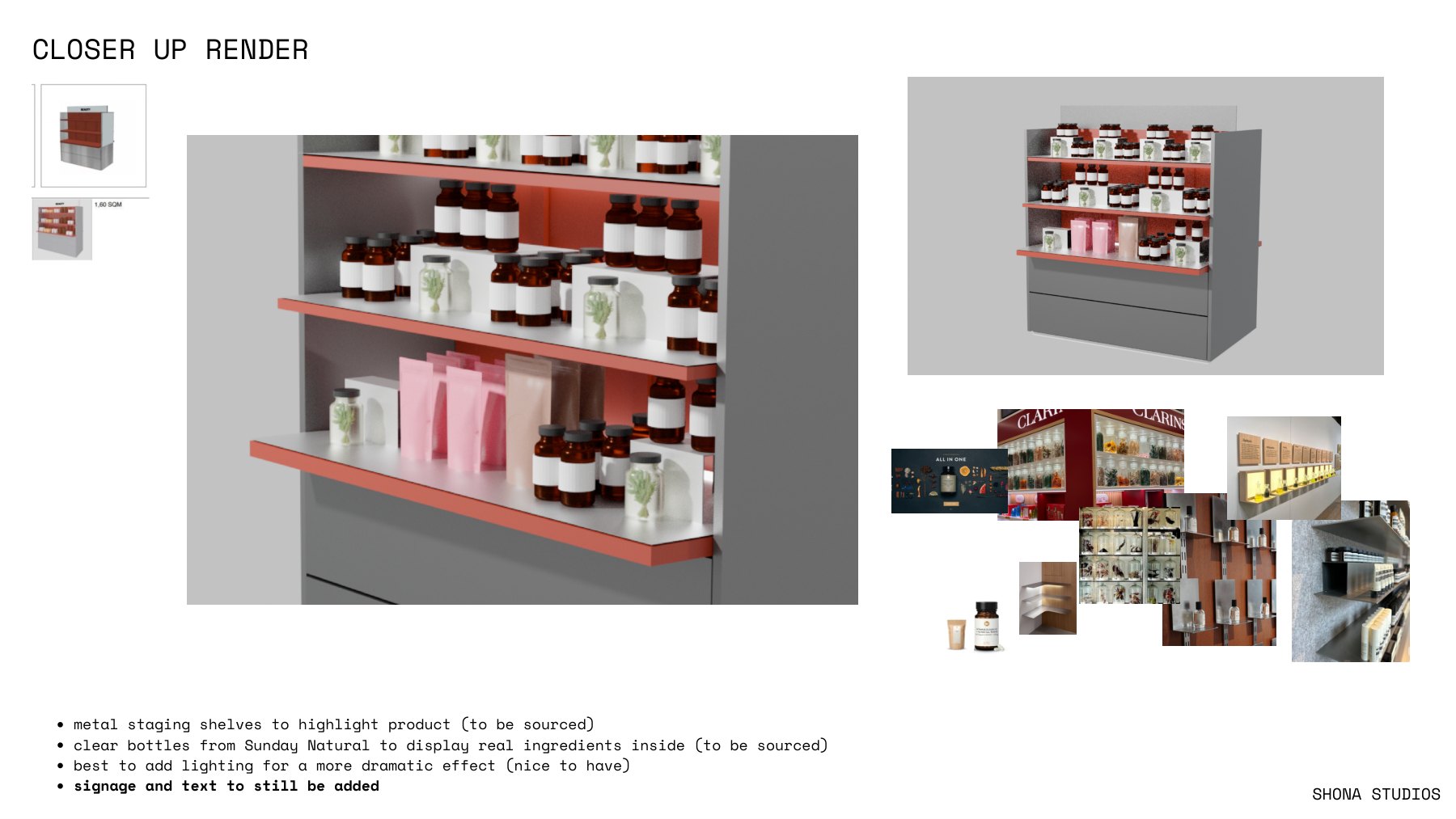 Closer product display render exploring staging shelves, ingredient bottles and lighting