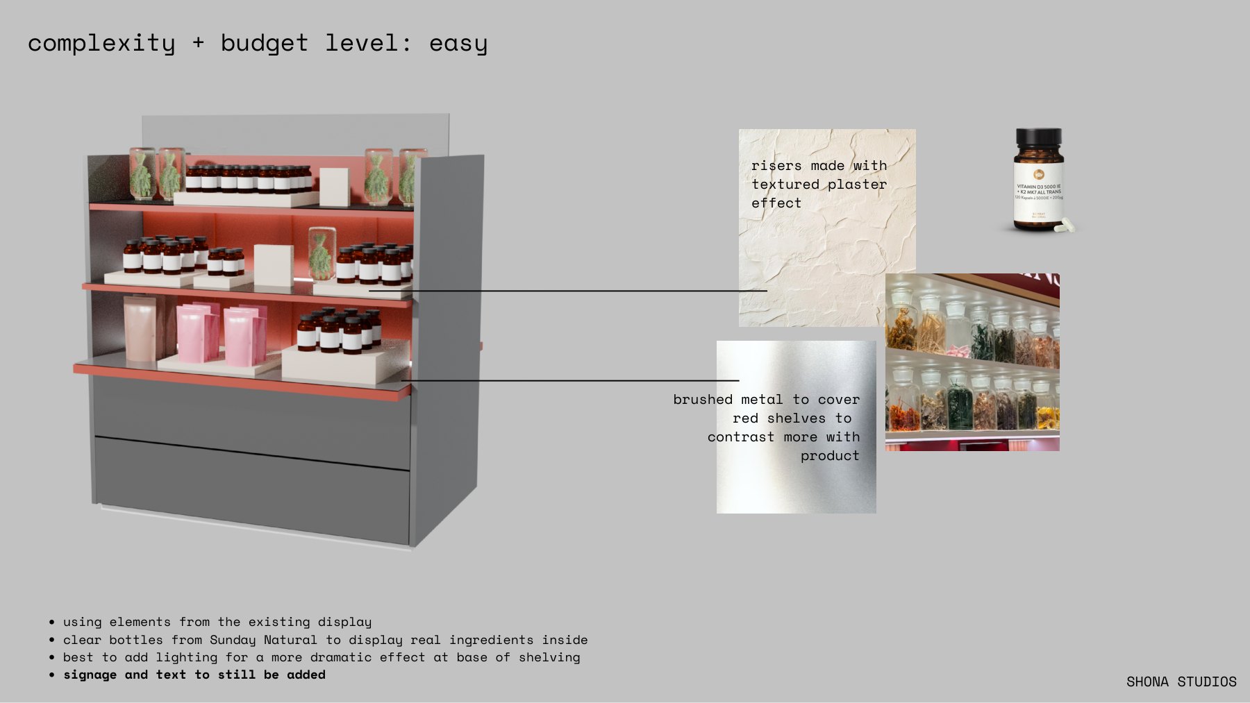 Three-dimensional Sunday Natural retail display concepts for Hamburg Alsterhaus, comparing material and lighting options