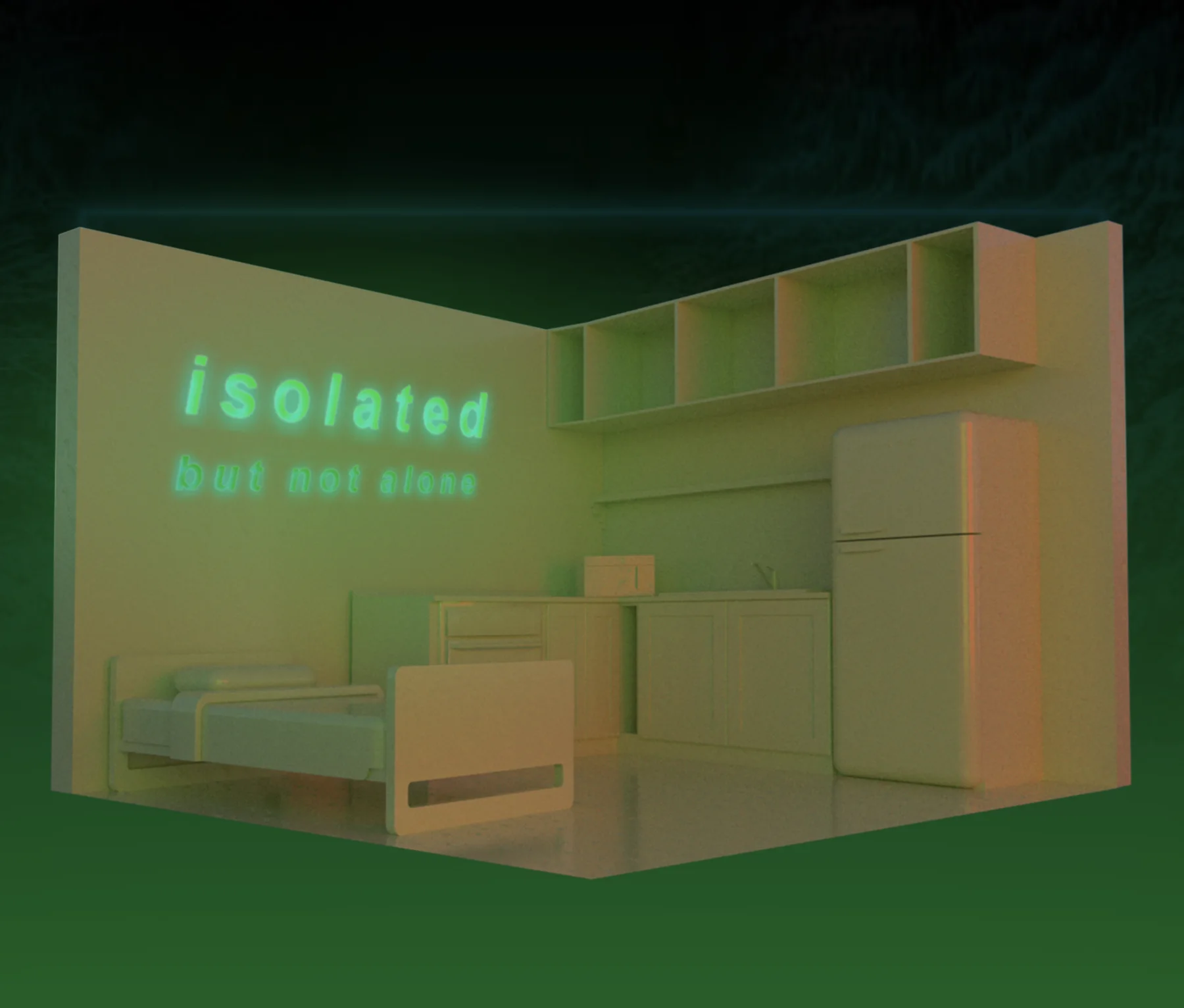 Interior concept with green light and the words “isolated but not alone” on the wall