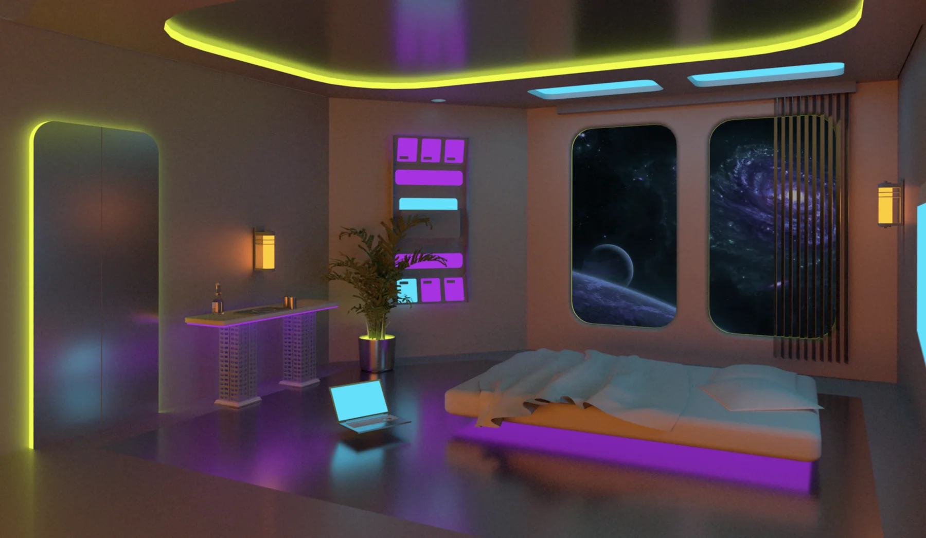 Luminous, futuristic interior concept with a low bed, vivid light and a view into space